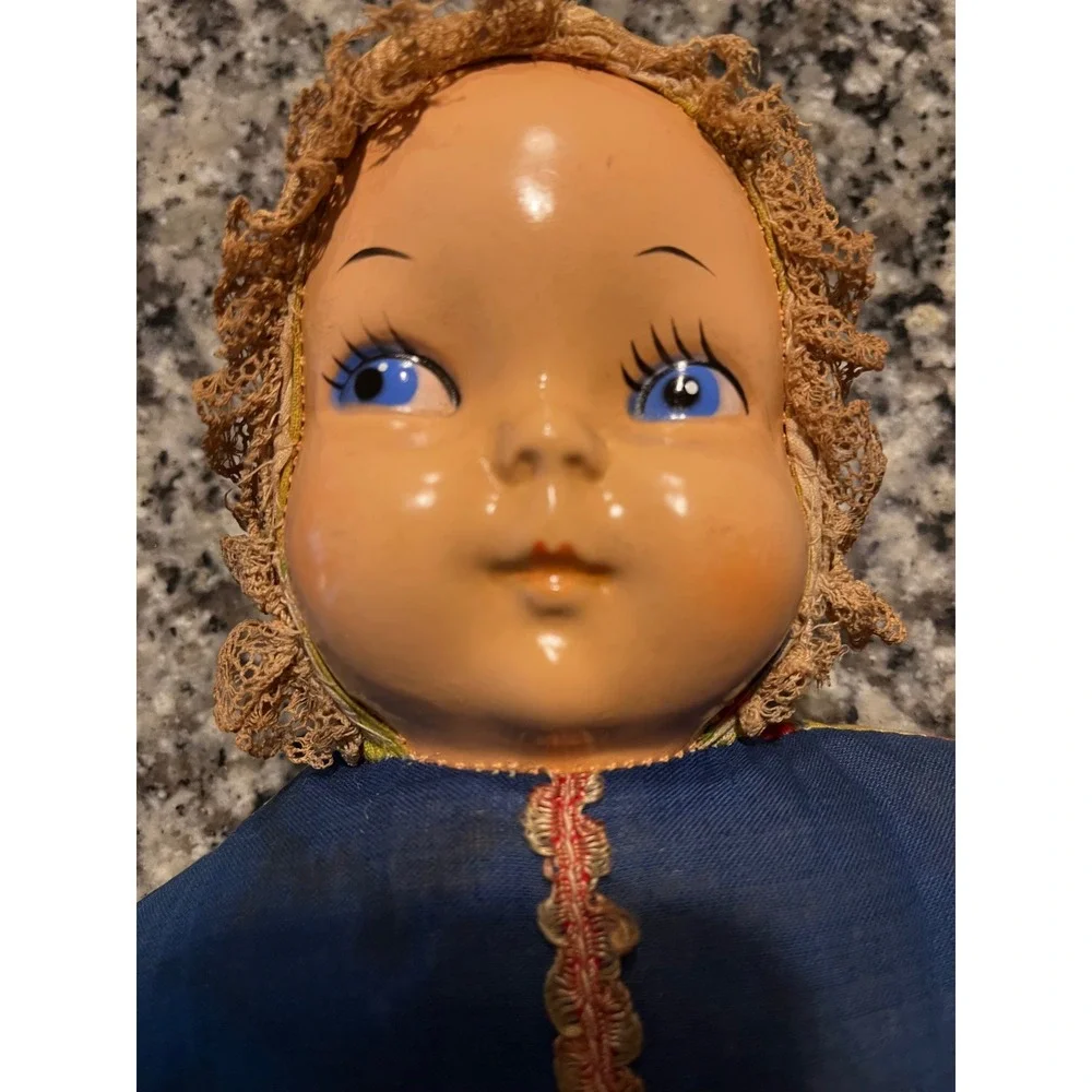 Vintage Cloth Doll Painted‎ Mask Face Lace Bonnet Blue Eyes Stuffed Toy Antique